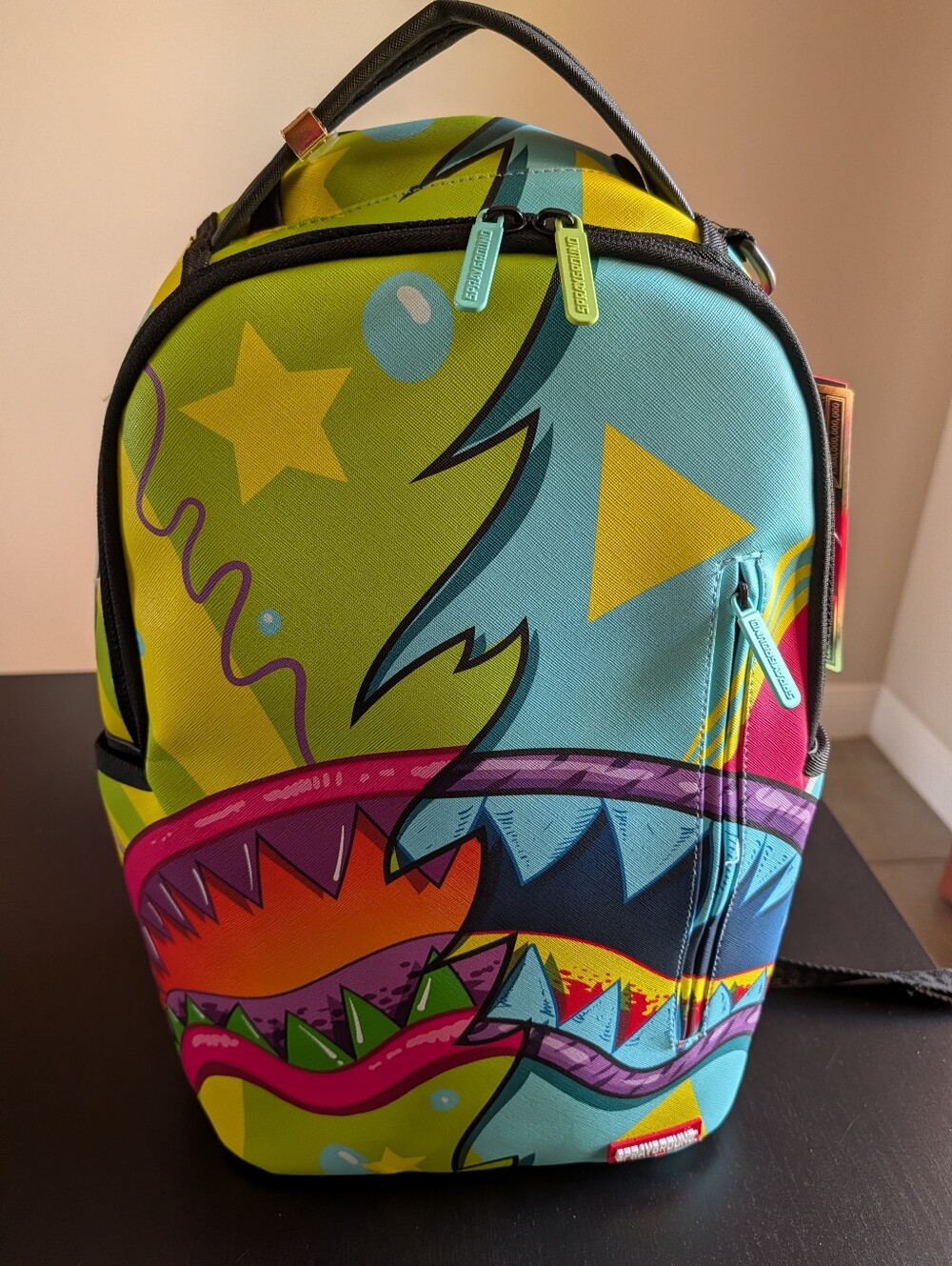 Sprayground Neon Shark Bite Backpack - Blue, Green, Yellow, Pink, Retired - Picture 2 of 11